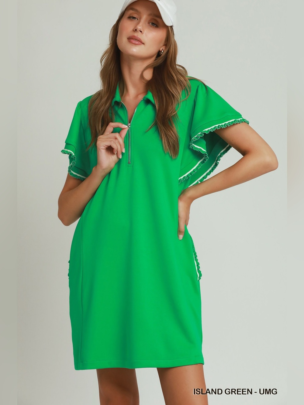 Umgee Half Zip Ruffle Rib Band Butterfy Sleeve Mini Dress with Pockets